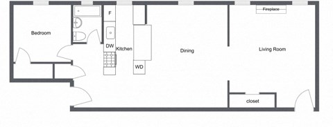 Floor plan for 1 bed, 1 bath, 806 sqft